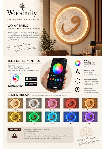 Vav İslami Ay Tablo, Rgb Led Işıklı El Yapımı Vav Harfi Duvar Dekorasyonu