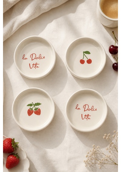 Vita Red 4 Parça 13 Cm Seramik Kase Seti Çerezlik Sunumluk Kahvaltılık Beyaz