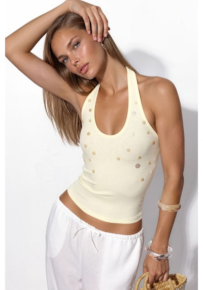 Hiccup Busem İşlemeli Slim Fit Kolsuz Bluz Krem Doğal