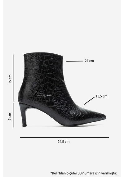 Luvishoes Luvi Shoes Noya Siyah Baskı Sivri Burun Kadın İnce Topuklu Bot Siyah Kroko