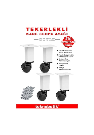 4 Adet Beyaz Kare Plastik Tekerlekli Mobilya Sehpa Ayağı