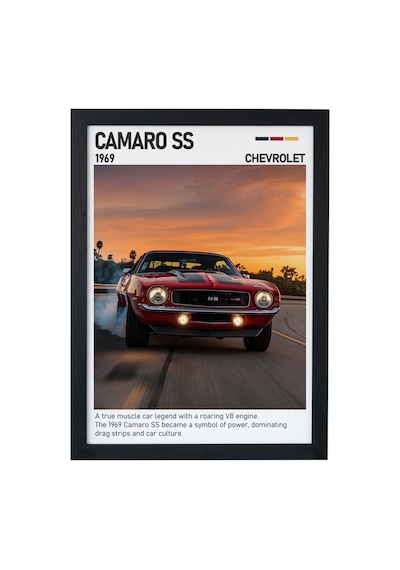 Chevrolet Camaro Ss Ahşap Çerçeveli Poster Tablo Muscle Car Efsanesi Siyah