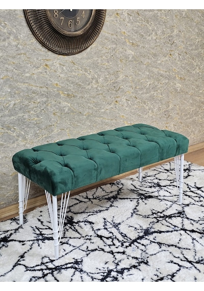 Zafir Beyaz Boyalı Tel Ayaklı 90 Cm Puf Bench - Puf - Bench - Kasalı Oturak - Oturak - Yatak Ucu Puf Yeşil