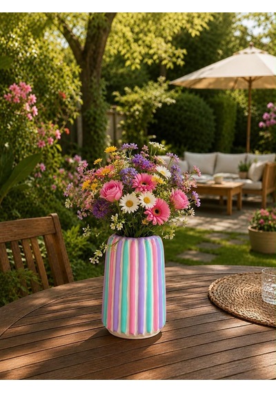 Mireva El Yapımı Beton Vazo, Pastel Çizgili, Maksimalist Modern Bohem Stil, 17 Cm Yükseklik, 10 Cm Genişlik, Pembe Diğer