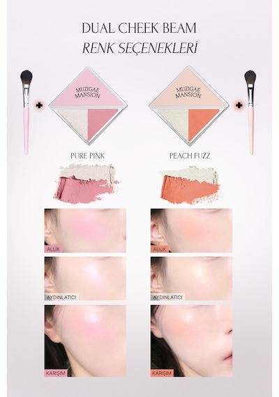 Allık Ve Aydınlatıcı Paleti + Fırça Seti Muzıgae Mansıon Dual Cheek Beam Set 01 Pure Pink 01 Pink 20258785