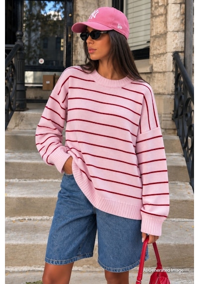 Madmext Pembe Çizgili Kadın Triko Kazak Mg1262