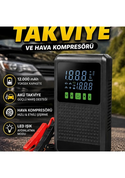 12.000 Mah Dijital Hava Kompresörlü Araç Akü Takviye Cihazı Led Işıklı Powerbank