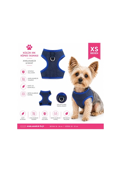 Küçük Irk Köpek Göğüs Tasması Yelek Tipi Kot Kumaş - Xs Beden Çok Renkli