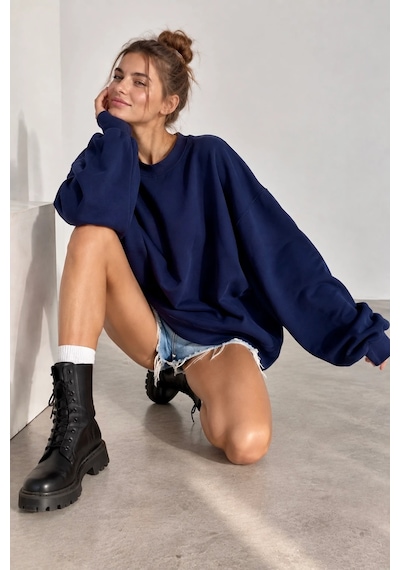 Bb Butik Basic 3 İplik Oversize Salaş Basic Sweatshirt Bisiklet Yaka My3535 Lacivert