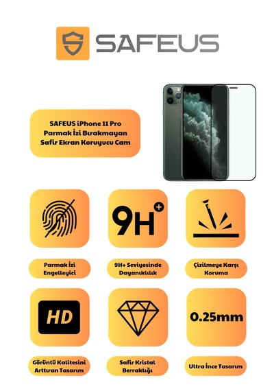Safeus Tam Kaplayan Parmak İzi Bırakmayan Safir Ekran Koruyucu Cam , Apple Uyumlu iPhone 11 Pro İle