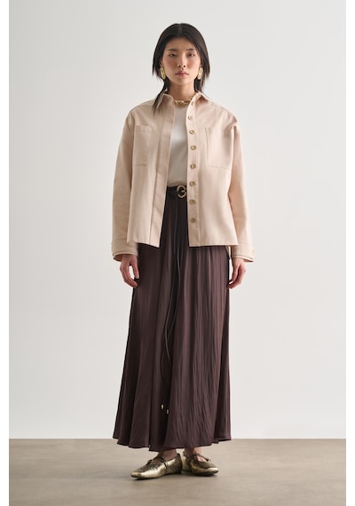Mizalle Premium Saf Pamuk Oversize Bej Rengi Ceket Gömlek Bej