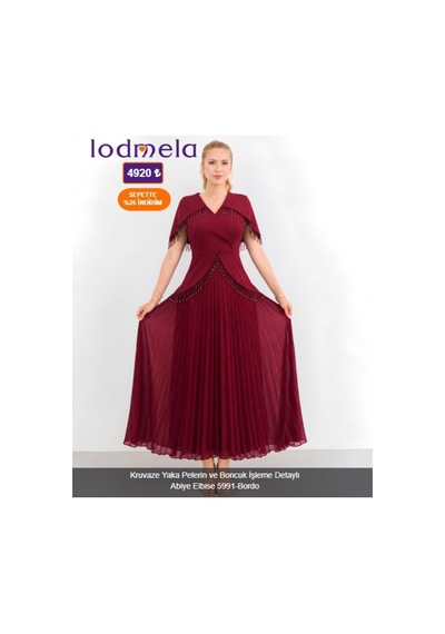 Lodmela Kruvaze Yaka Pelerin Ve Boncuk İşleme Detaylı Abiye Elbise 5991-bordo