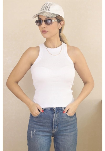 Ritnice Kadın Premium Doku Beyaz Fitilli Pamuklu Atlet