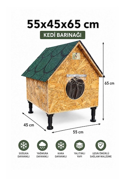 Reyo Narım Kedi Evi Ve Kedi Yuvası, İç Ve Dış Mekana Uygun, Soğuk, Yağmur Ve Kar Yalıtımlı Özel Üretim Kedi Barınağı 55x45x65 Cm