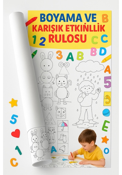 Okul Öncesi Eğitici Boyama Rulosu Harf, Sayı, Şekil, Çizgi Ve Eşleştirme Etkinlikleri