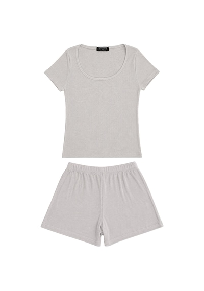 Cottonill Premium - Neat Collection Gri Rib Dokulu Yuvarlak Yaka Modal Viskon Şortlu Kadın Pijama Takımı