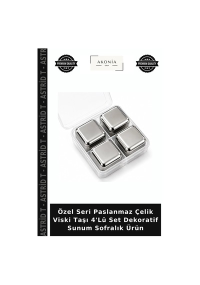 Özel Seri Paslanmaz Çelik Viski Taşı 4'lü Set Dekoratif Sunum Sofralık Ürün