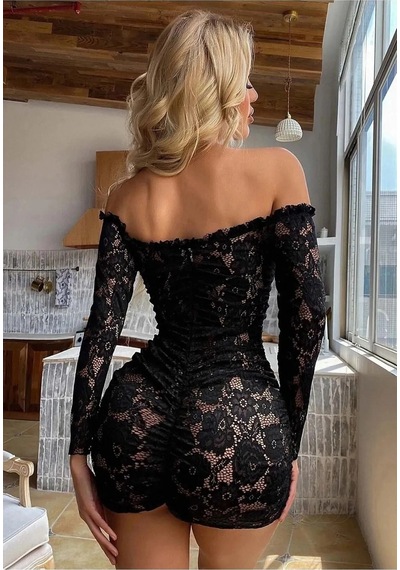 Veraura Lifestyle Büzgülü Dantelli Kayık Yaka Elbise Büyük Bedenlere Uygun Siyah