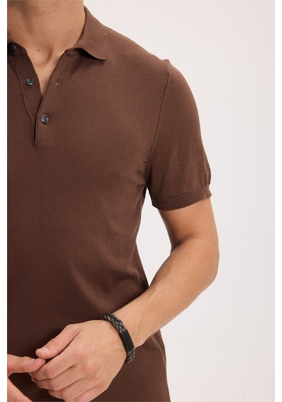 Tudors Erkek Slim Fit Dar Kesim Pamuklu Örme Triko Kahverengi Polo Yaka Tişört-46227