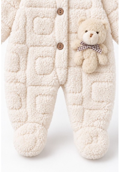 Kız Erkek Bebek Tavşan Ve Ayı Oyuncaklı Peluş Tulum Tlm0301 ekru