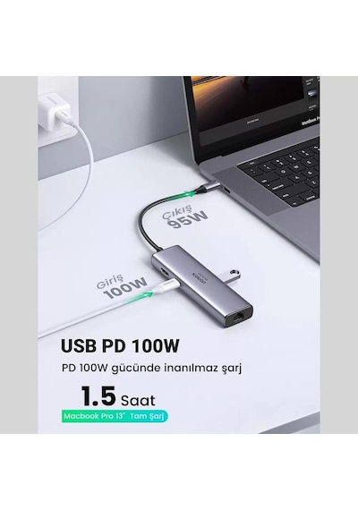 Ugreen CM512 Type-C to PD 100W HDMI RJ45 USB SD Micro SD Dönüştürücü Hub