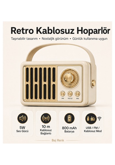 Retro Kablosuz Hoparlör Fm Radyo Usb Destekli Taşınabilir Askılı Şarjlı Bluetooth Speaker 5w