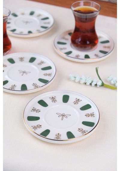 Tabak Evi Porselen Acem Zade Yeşil Çay Tabağı 12,5cm 4 Lü Çok Renkli