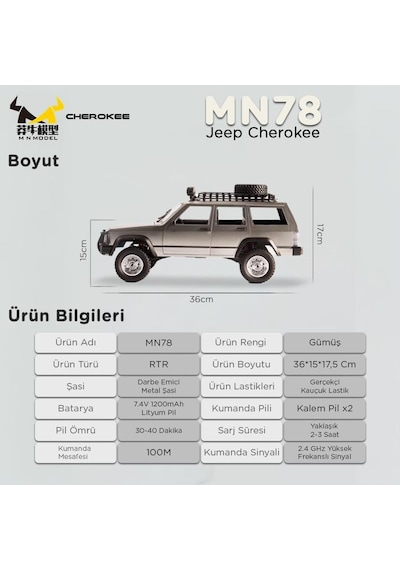 Mn Model Mn78 1/12 Jeep Cherokee 4x4 Rc Model Crawler Offroad Truck Uzaktan Kumandalı Araba Rtr Gümüş+dahili Işık Seti