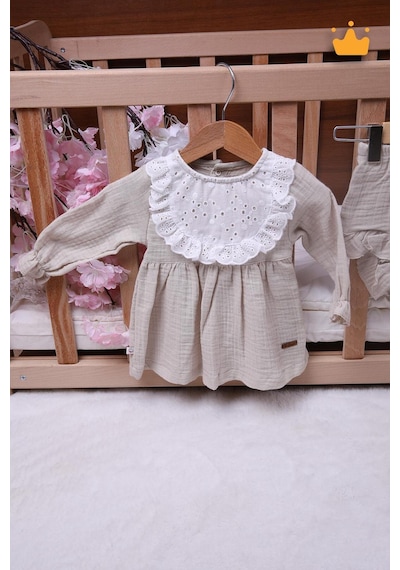Babyhola Kız Bebek Çocuk Yazlık Elbise Müslin Önlüklü Şortlu Takım 22410 Bej