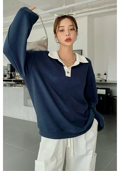 Nimas Kadın Oversize Polo Yaka 3 İplik Şardonlu Sweatshirt Lacivert - 675774194 Lacivert
