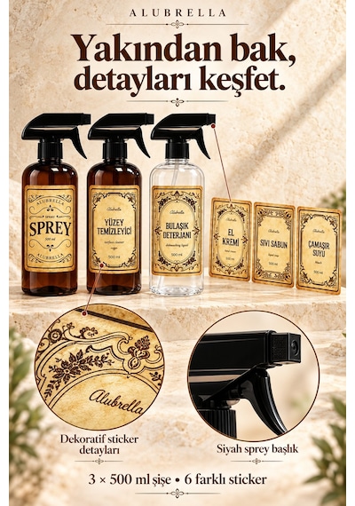 Alubrella 500 Ml 2 Amber Ve 1 Şeffaf Boş Sprey Şişe 3 Lü Set Ve 6 Lı Etiket