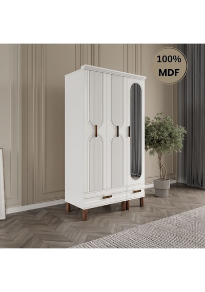 Zen 3 Kapak Ayaklı Tasarım Country Mdf Gardırop Beyaz