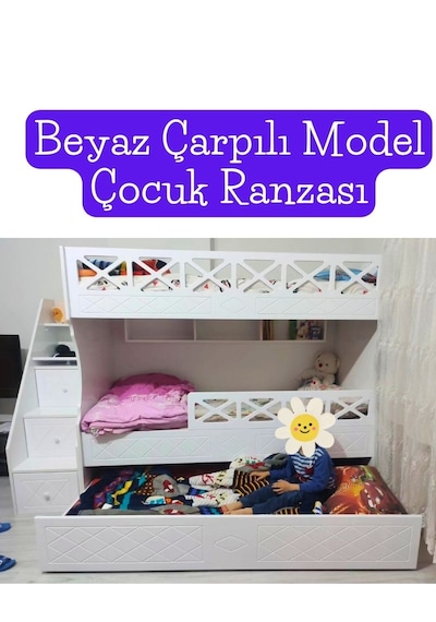 Beyaz Çarpılı Model Çocuk Ranzası