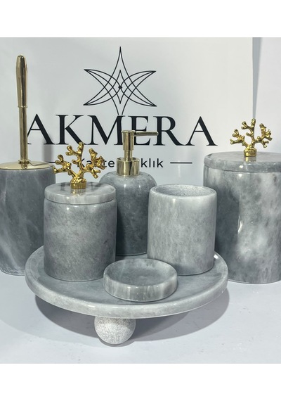 Lüks Gri Mermer Top Ayaklı 7 Parça Banyo Seti Gri - Krom