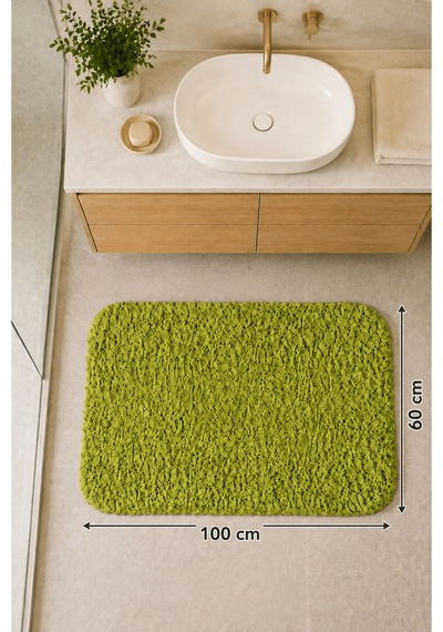Kaymaz Jel Tabanlı Yıkanabilir Peluş Yumuşak Dokulu Dekoratif Tekli Banyo Paspası 60x100 Cm Yeşil