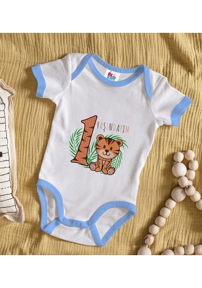Bk Gift Bk Kids 1 Yaşındayım Tasarımlı Mavi Bebek Body Zıbın-1 Çok Renkli