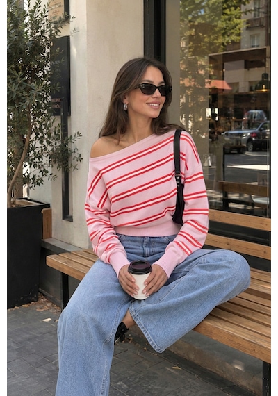 Sayzen Your Shine Trend Kayıkçı Yaka Çizgili Kadın Triko Kazak Pembe