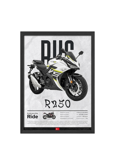 Rks R250 Siyah Ahşap Çerçeveli Poster, Dekoratif Motosiklet Duvar Tablosu