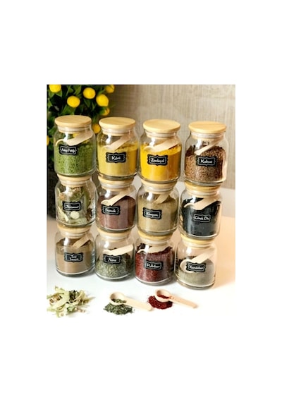 12 Li Etiketli Bambu Kapaklı Ve Kaşıklı 300 Ml Baharat Seti Baharatlık Takımı 609257497 Diğer