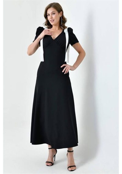 Dip Moda Kadın V Yaka Abiye Elbise Dpnbs9358 Siyah