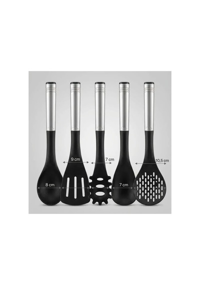 5 Parça Plastik Büyük Boy Mutfak Gereçleri Seti Standlı Kepçe, Kaşık, Kevgir, Spatula, Makarna Servis Kaşığı Isıya Dayanıklı Bpa Free Yapışmaz Siyah