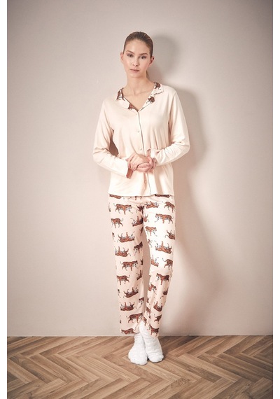Fullamoda Kaplan Desenli Gömlek Yaka 2 Li Pijama Takımı 24mıcg631216521-bej Bej Fullamoda Kaplan Desenli Gömlek Yaka 2 Li Pijama Takımı 24mıcg631216521-bej Bej