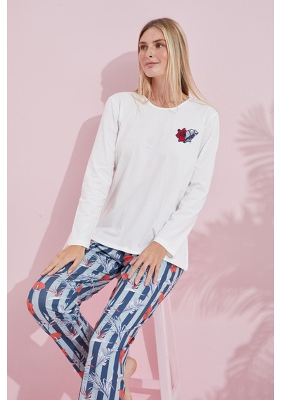 Siyah İnci Pamuklu Örme Pijama Takım 24240181 Ekru