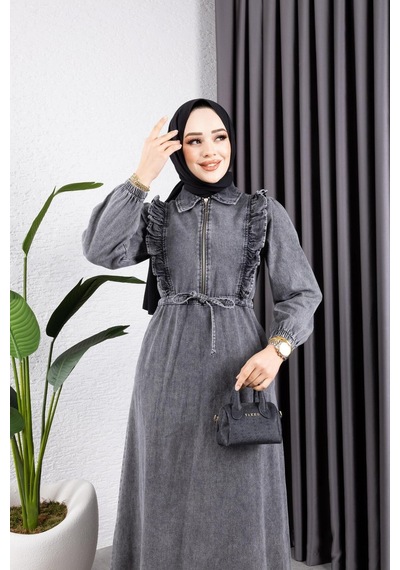 Harman Butik Kadın Fır Fırlı Belden Bağlamalı Denim Kot Elbise Siyah Siyah