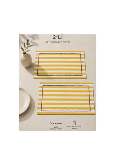 Sarı Çizgili Mor Biyeli Amerikan Servisi 2'li Set 33x44 Cm Sofra Ve Masa Düzeni Dekoru Sarı - 887012615 Sarı