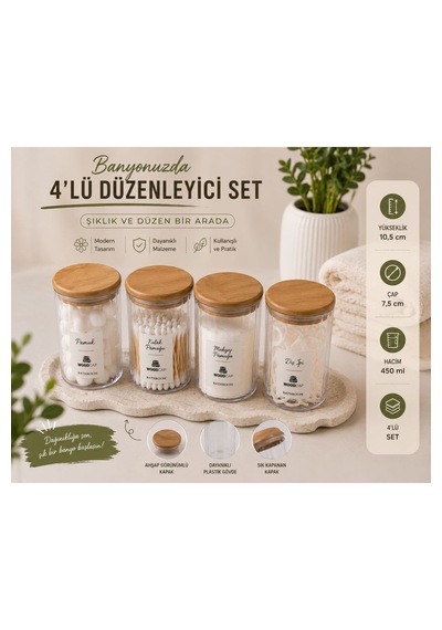 4 Lü Ahşap Kapaklı Akrilik Banyo Düzenleyici Seti Şeffaf