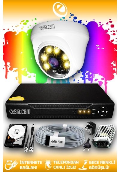 Elitcam 1 Kameralı Dome 1 İç Kamera Set 500 GB HDD Full HD Renkli Gece Görüşlü Güvenlik Kamerası Sistemi