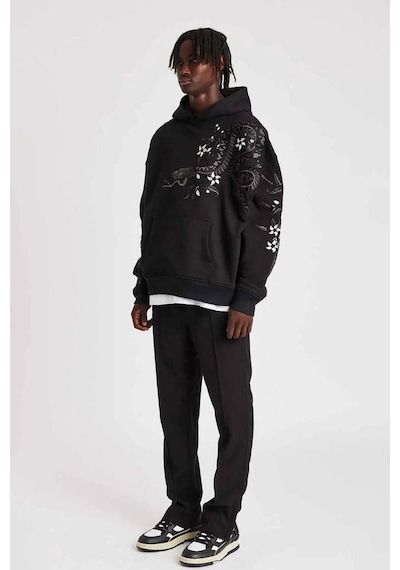 American Rag Cie Organik Pamuklu Oversized Night Python Nakışlı Hoodie - Şık Ve Rahat Moda Siyah
