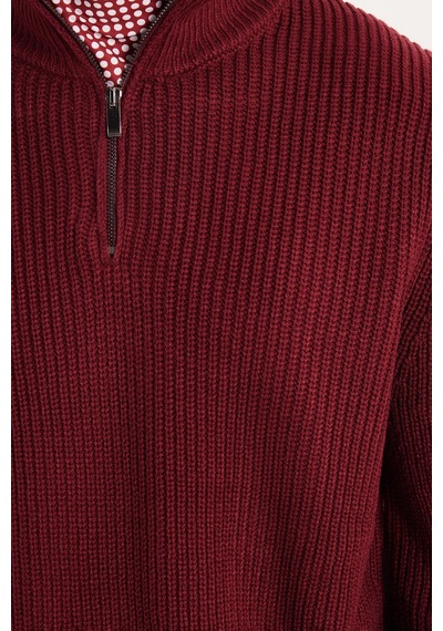 Tudors Erkek Slim Fit Dar Kesim Fermuarlı Bordo Dik Yaka Triko Kazak-34925 Bordo