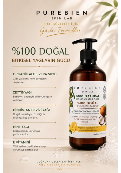 %100 Doğal Kastil Sıvı Sabun - Bergamot & Limon Kokulu